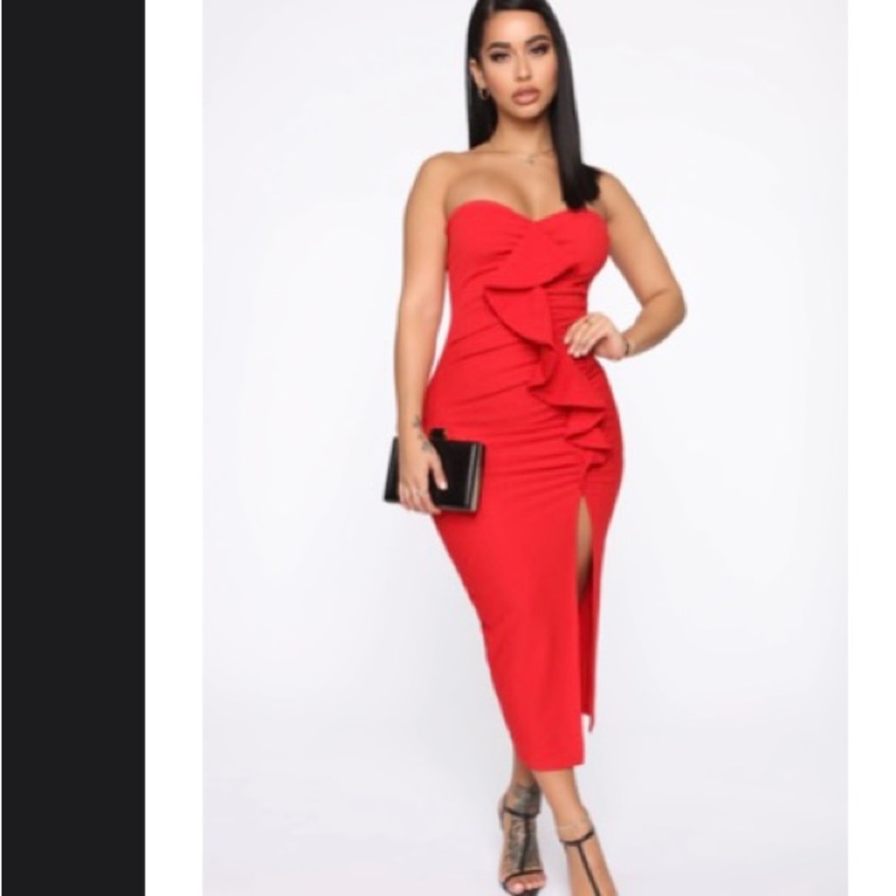 Red strapless ruffled dress